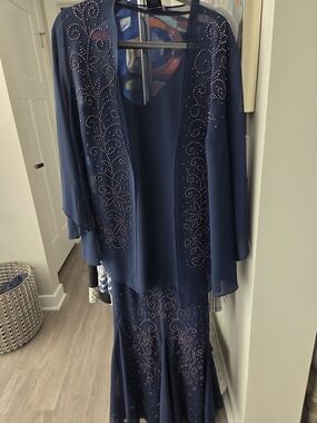 Catherines Navy Evening Maxi Dress with Sheer Embellished Jacket